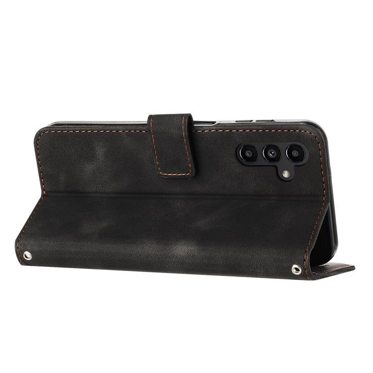 For Samsung Galaxy M54 5G / F54 5G Leather Wallet Drop-proof Phone Cover Triangle Imprint Stand Shell with Strap - Black