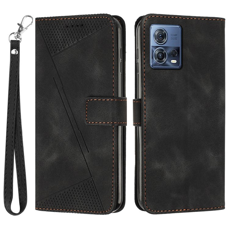 For Motorola Moto S30 Pro 5G / Edge 30 Fusion 5G Triangle Imprinted Cover Leather Cell Phone Wallet Stand Case with Strap - Black