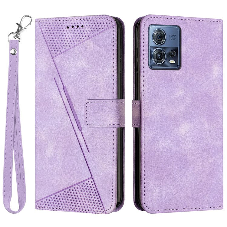 For Motorola Moto S30 Pro 5G / Edge 30 Fusion 5G Triangle Imprinted Cover Leather Cell Phone Wallet Stand Case with Strap - Purple