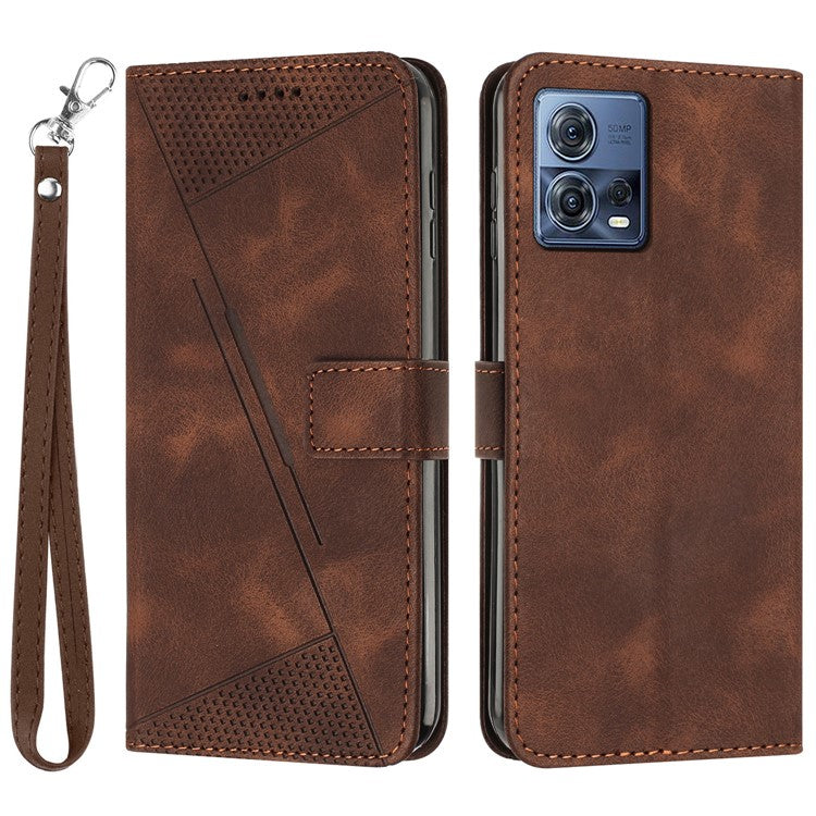 For Motorola Moto S30 Pro 5G / Edge 30 Fusion 5G Triangle Imprinted Cover Leather Cell Phone Wallet Stand Case with Strap - Brown