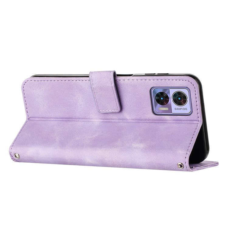 For Motorola Edge 30 Neo 5G Triangle Imprinted Cover Leather Cell Phone Wallet Stand Fall Proof Case with Strap - Purple