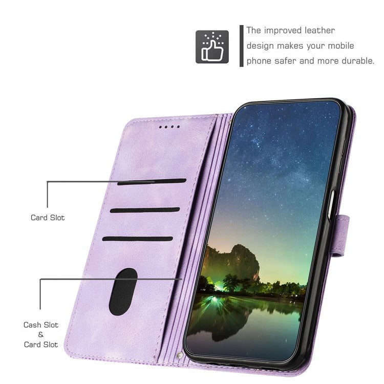 For Motorola Edge 30 Neo 5G Triangle Imprinted Cover Leather Cell Phone Wallet Stand Fall Proof Case with Strap - Purple