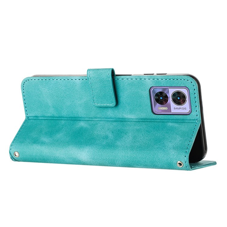 For Motorola Edge 30 Neo 5G Triangle Imprinted Cover Leather Cell Phone Wallet Stand Fall Proof Case with Strap - Green