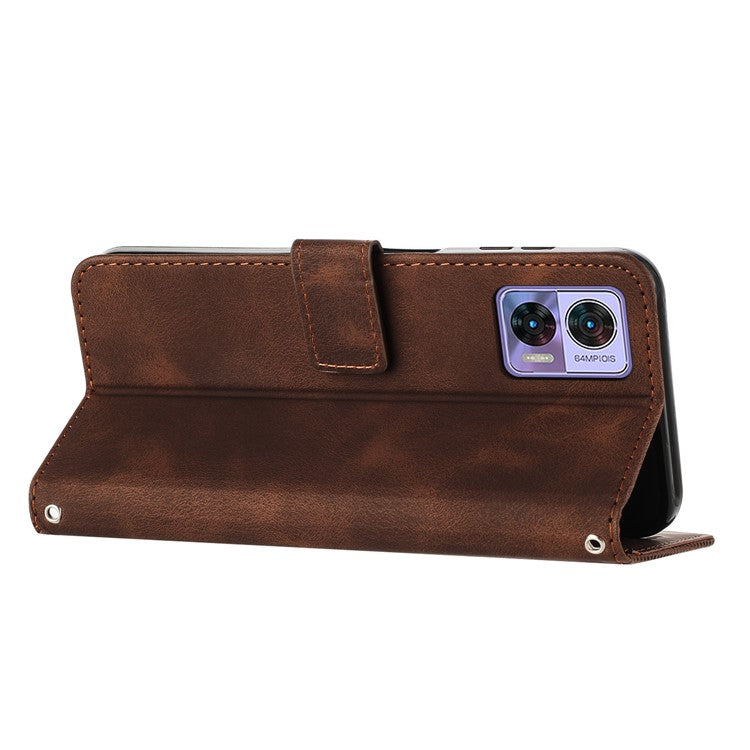 For Motorola Edge 30 Neo 5G Triangle Imprinted Cover Leather Cell Phone Wallet Stand Fall Proof Case with Strap - Brown