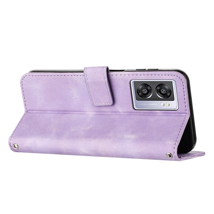For Oppo A57 (2022) 5G / A77 5G / A57 4G / A57e 4G / A57s 4G / A77 4G / A77s 4G / Realme V23 5G / OnePlus Nord N20 SE 4G Imprinted Leather Phone Stand Wallet Case - Purple