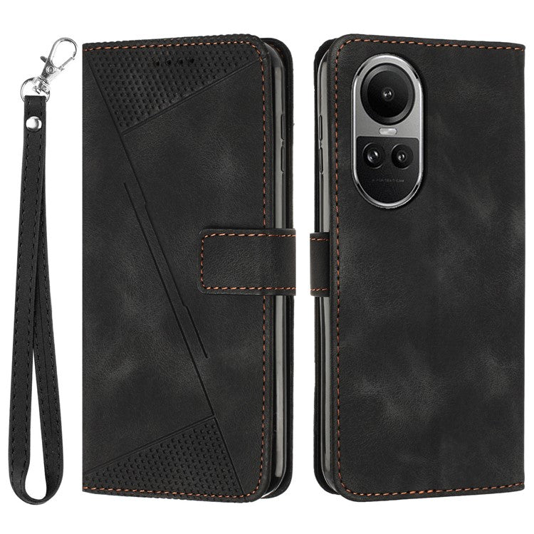 PU Leather+TPU Phone Cover for Oppo Reno10 5G (Global) / Reno10 Pro 5G (Global) , Triangle Imprinted Stand Wallet Case with Strap - Black
