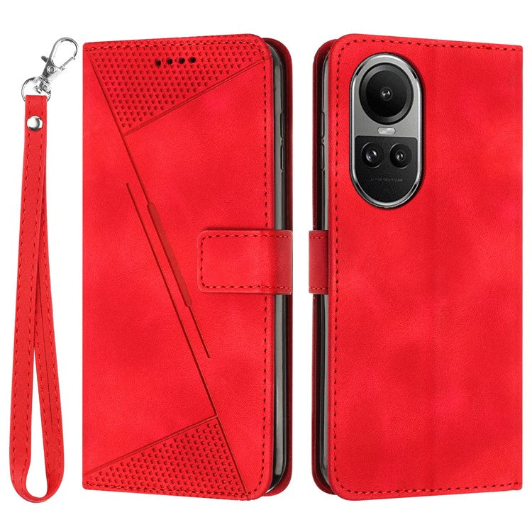 PU Leather+TPU Phone Cover for Oppo Reno10 5G (Global) / Reno10 Pro 5G (Global) , Triangle Imprinted Stand Wallet Case with Strap - Red