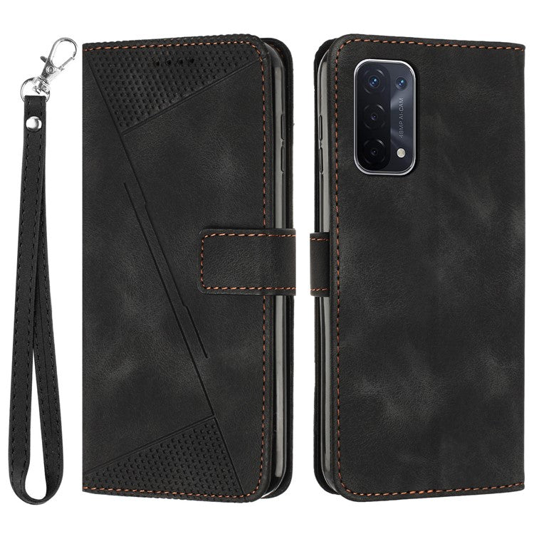 For Oppo A74 5G / A93 5G / A54 5G Folding Stand Wallet Mobile Case Triangle Imprint Leather Cover with Strap - Black