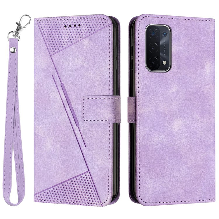 For Oppo A74 5G / A93 5G / A54 5G Folding Stand Wallet Mobile Case Triangle Imprint Leather Cover with Strap - Purple