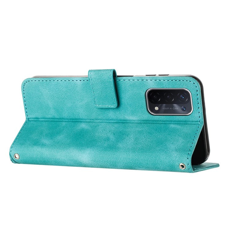 For Oppo A74 5G / A93 5G / A54 5G Folding Stand Wallet Mobile Case Triangle Imprint Leather Cover with Strap - Green