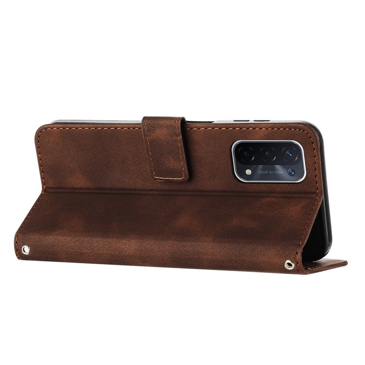 For Oppo A74 5G / A93 5G / A54 5G Folding Stand Wallet Mobile Case Triangle Imprint Leather Cover with Strap - Brown