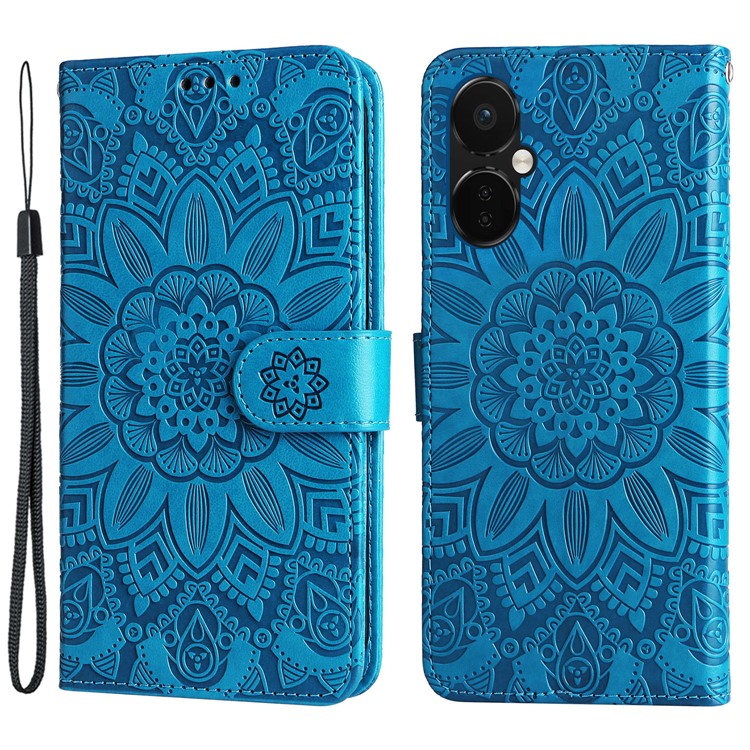 For OnePlus Nord CE3 5G / Oppo K11 5G Shockproof Wallet Stand Phone Cover Sunflower Imprint Leather Case - Blue