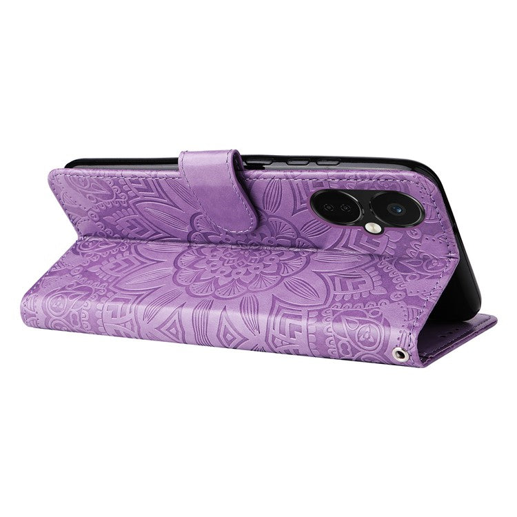 For OnePlus Nord CE3 5G / Oppo K11 5G Shockproof Wallet Stand Phone Cover Sunflower Imprint Leather Case - Purple