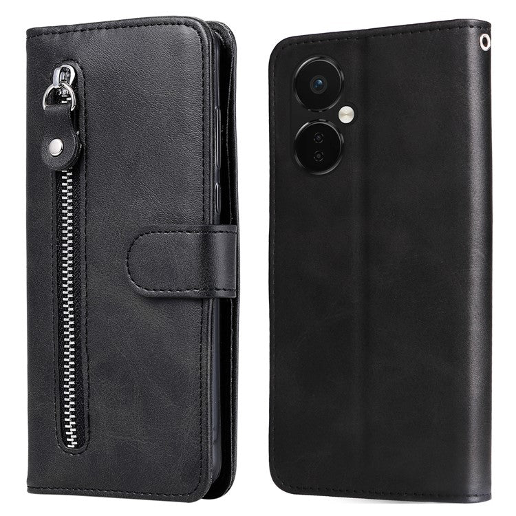 For OnePlus Nord CE3 5G / Oppo K11 5G Zipper Pocket Wallet Stand Phone Case Calf Texture Leather Cover - Black