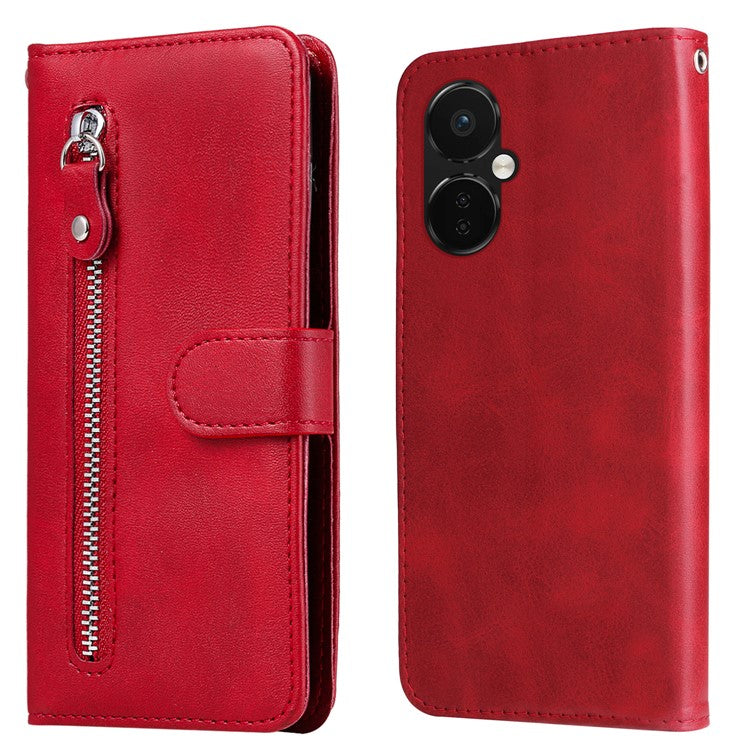For OnePlus Nord CE3 5G / Oppo K11 5G Zipper Pocket Wallet Stand Phone Case Calf Texture Leather Cover - Red
