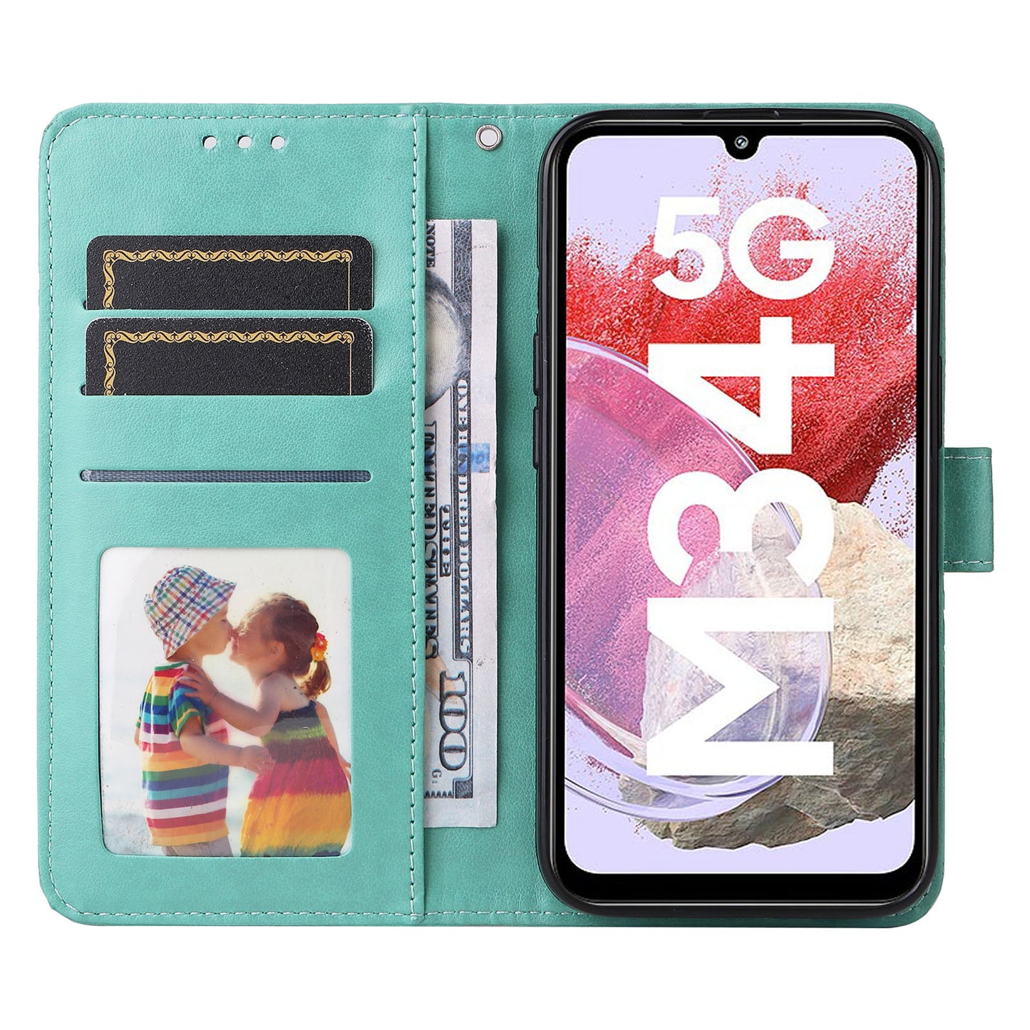 For Samsung Galaxy F34 5G / M34 5G Anti-Scratch Phone Cover Sunflower Imprint PU Leather Wallet Stand Case - Green