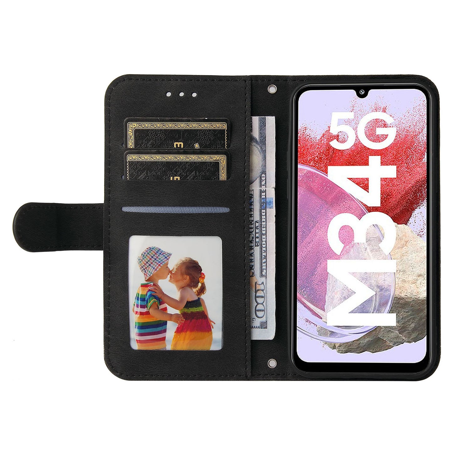 For Samsung Galaxy F34 5G / M34 5G Imprinted Lines Stand Wallet Cover Anti-drop PU Leather Phone Case - Black