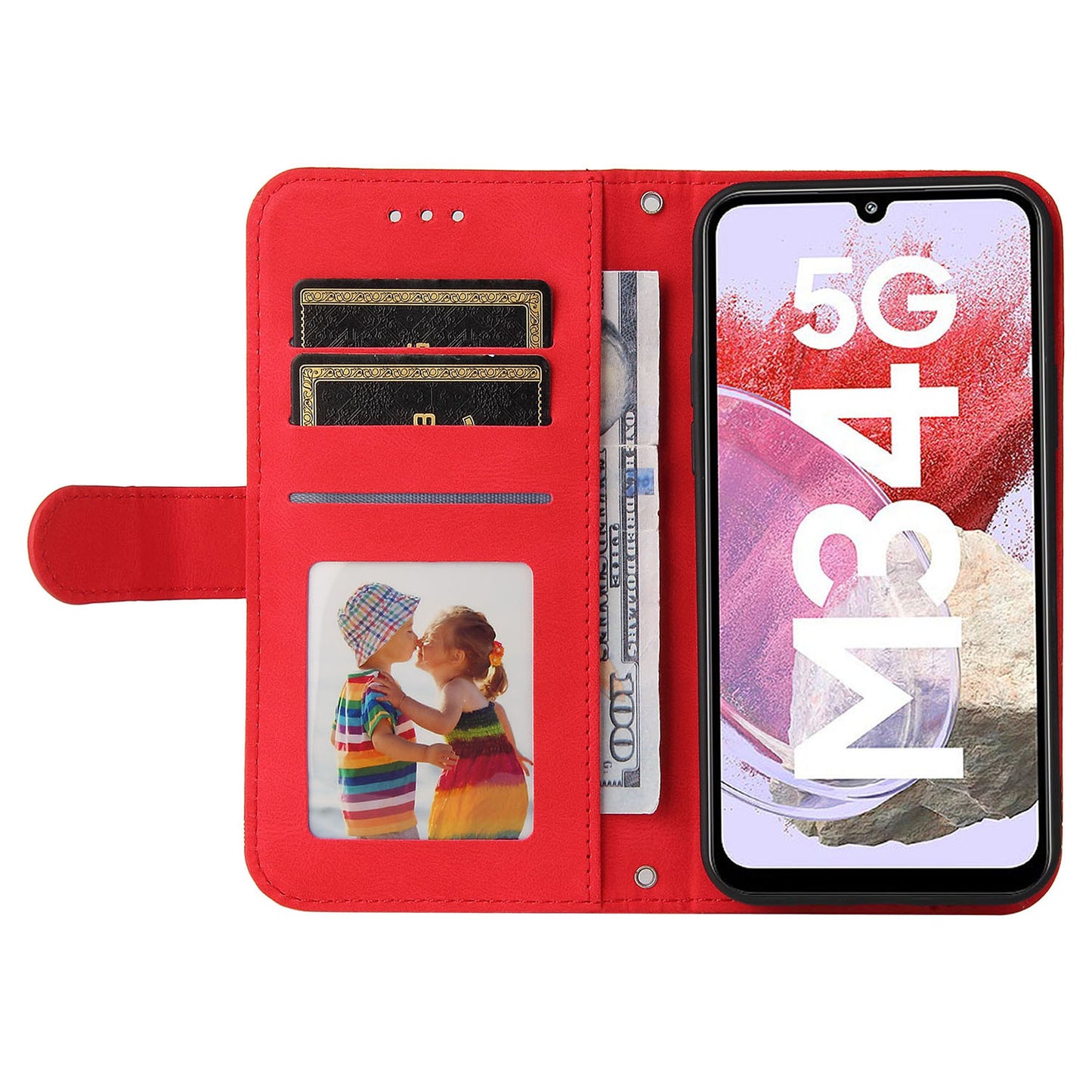 For Samsung Galaxy F34 5G / M34 5G Imprinted Lines Stand Wallet Cover Anti-drop PU Leather Phone Case - Red