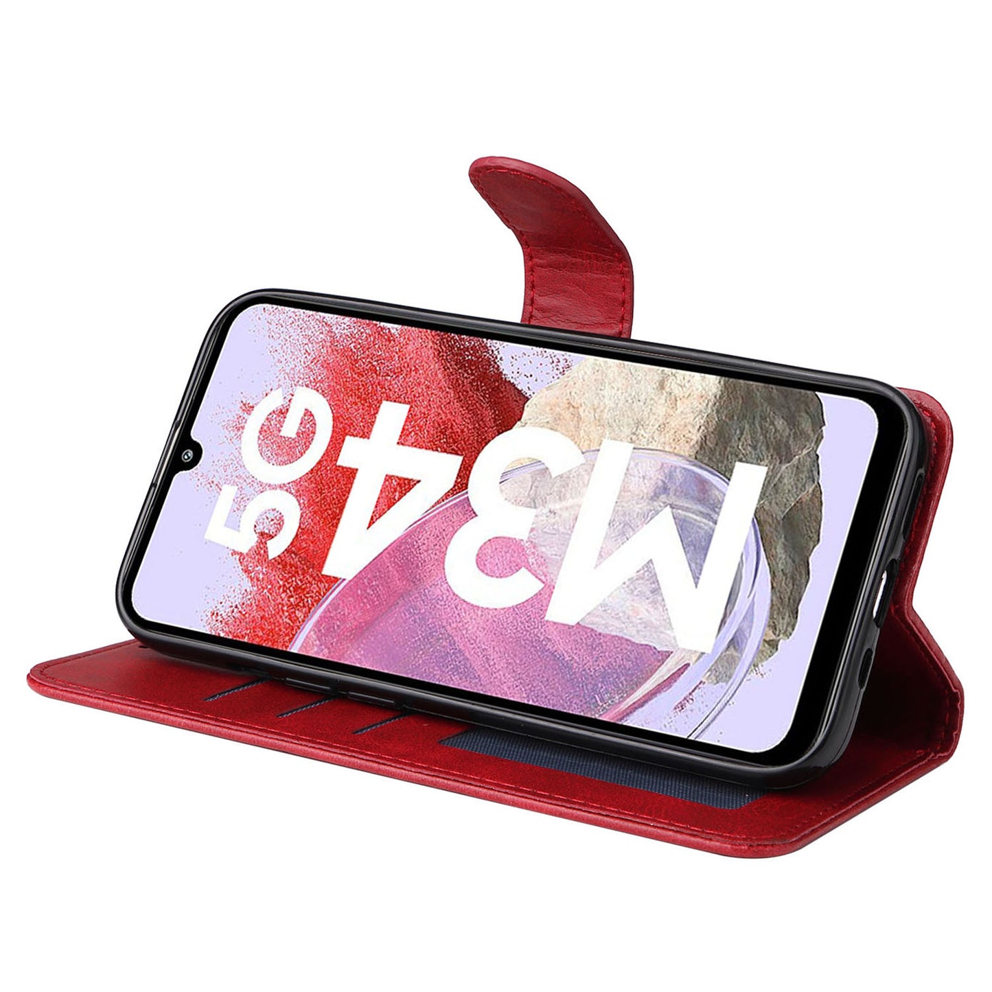 For Samsung Galaxy F34 5G / M34 5G Shockproof Phone Shell Calf Texture PU Leather Wallet Stand Cover - Red