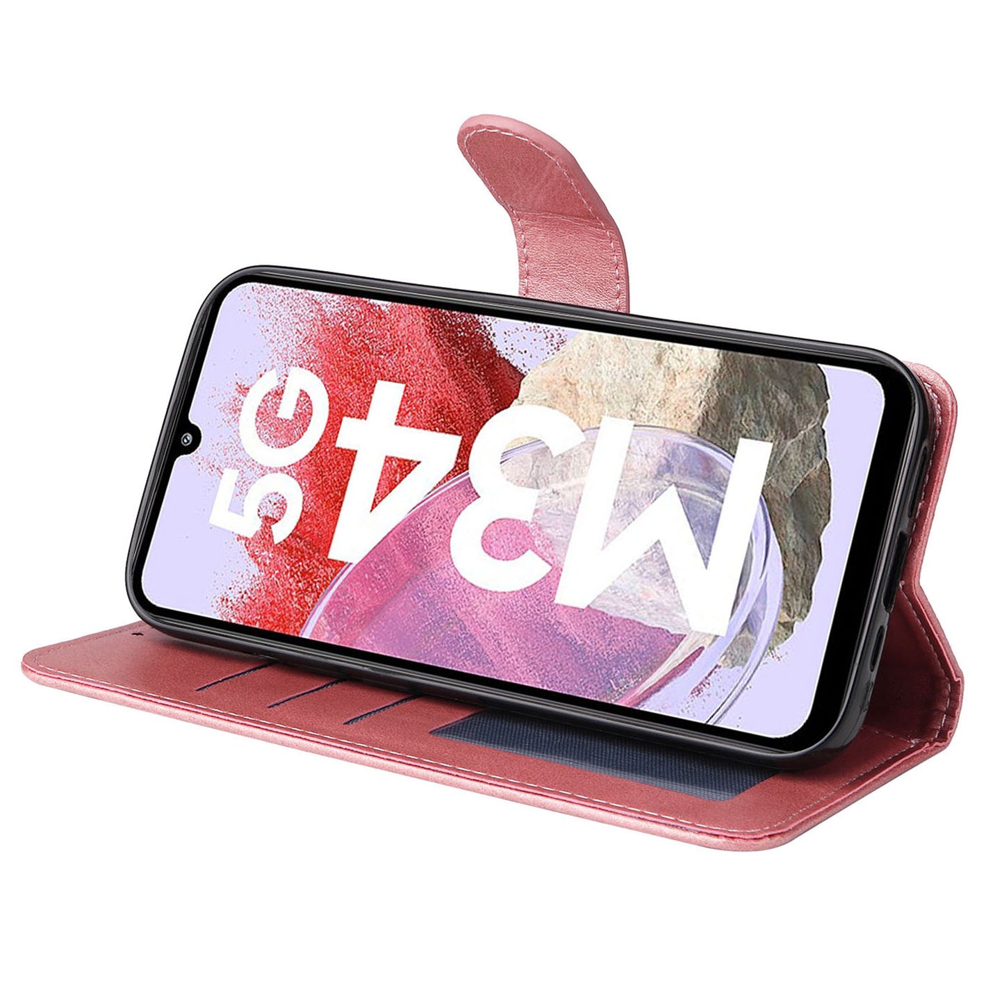 For Samsung Galaxy F34 5G / M34 5G Shockproof Phone Shell Calf Texture PU Leather Wallet Stand Cover - Pink