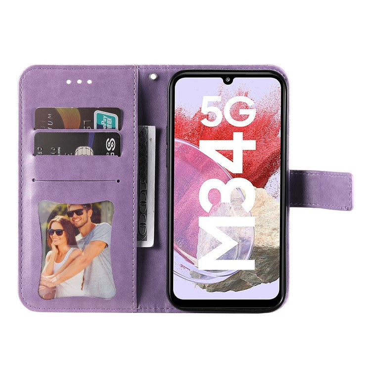 Stand Cover for Samsung Galaxy F34 5G / M34 5G Flower Imprint PU Leather Wallet Phone Case - Purple