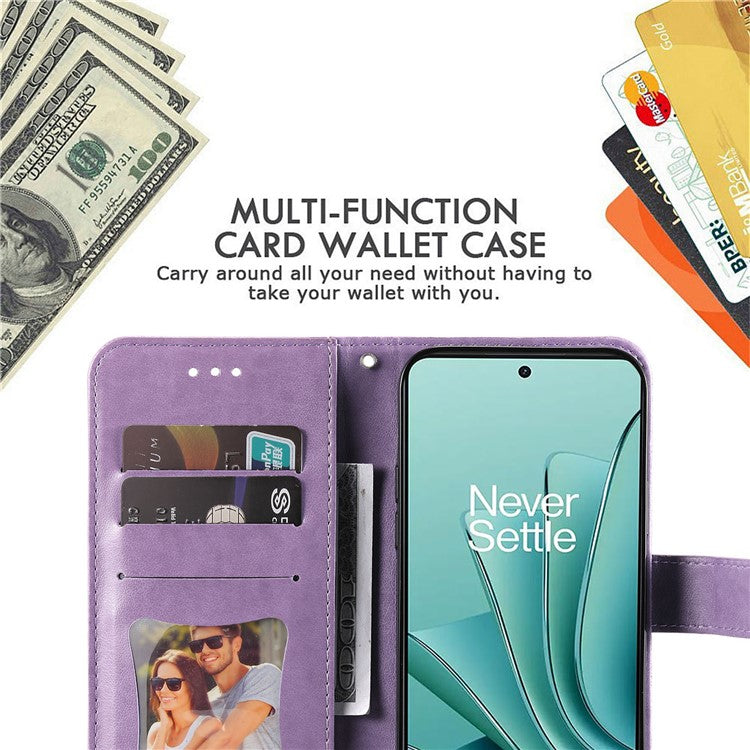Foldable Stand Cover for OnePlus Nord 3 5G / Ace 2V Flower Imprint PU Leather Wallet Phone Case - Purple