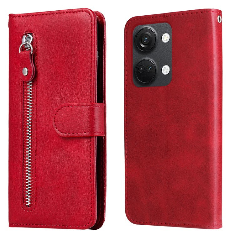 For OnePlus Nord 3 5G / Ace 2V Zipper Pocket Foldable Stand Wallet Case Calf Texture Cell Phone Cover - Red