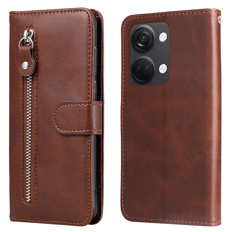 For OnePlus Nord 3 5G / Ace 2V Zipper Pocket Foldable Stand Wallet Case Calf Texture Cell Phone Cover - Brown