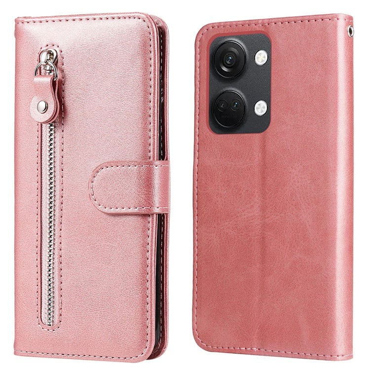 For OnePlus Nord 3 5G / Ace 2V Zipper Pocket Foldable Stand Wallet Case Calf Texture Cell Phone Cover - Pink