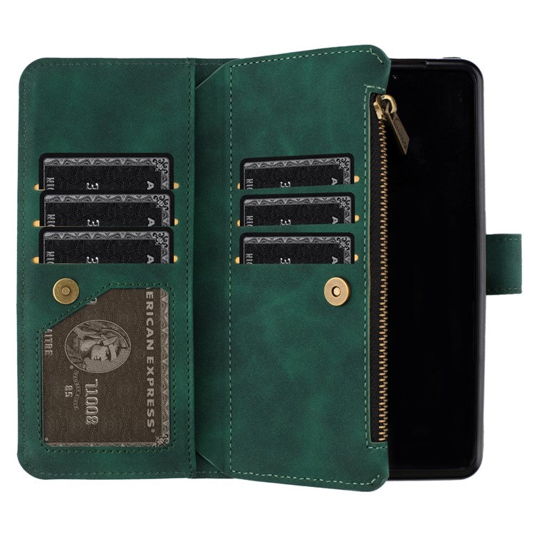 BINFEN COLOR For Samsung Galaxy Z Fold3 5G PU Leather Line Imprinted Phone Case Stand Zipper Pocket Wallet Cover - Green