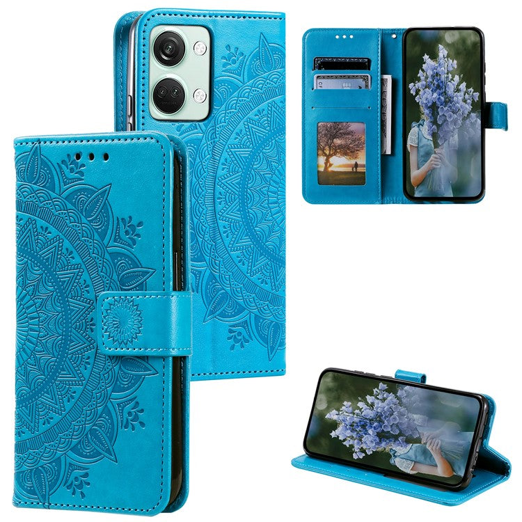For OnePlus Nord 3 5G / Ace 2V Leather Wallet Cover Mandala Flower Imprinted Stand Case with Strap - Blue