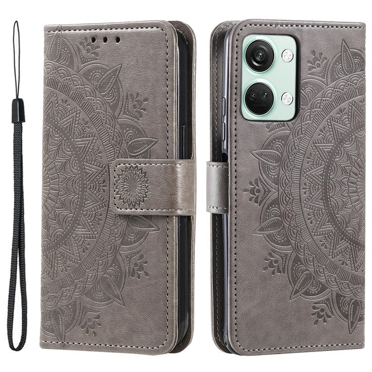 For OnePlus Nord 3 5G / Ace 2V Leather Wallet Cover Mandala Flower Imprinted Stand Case with Strap - Grey