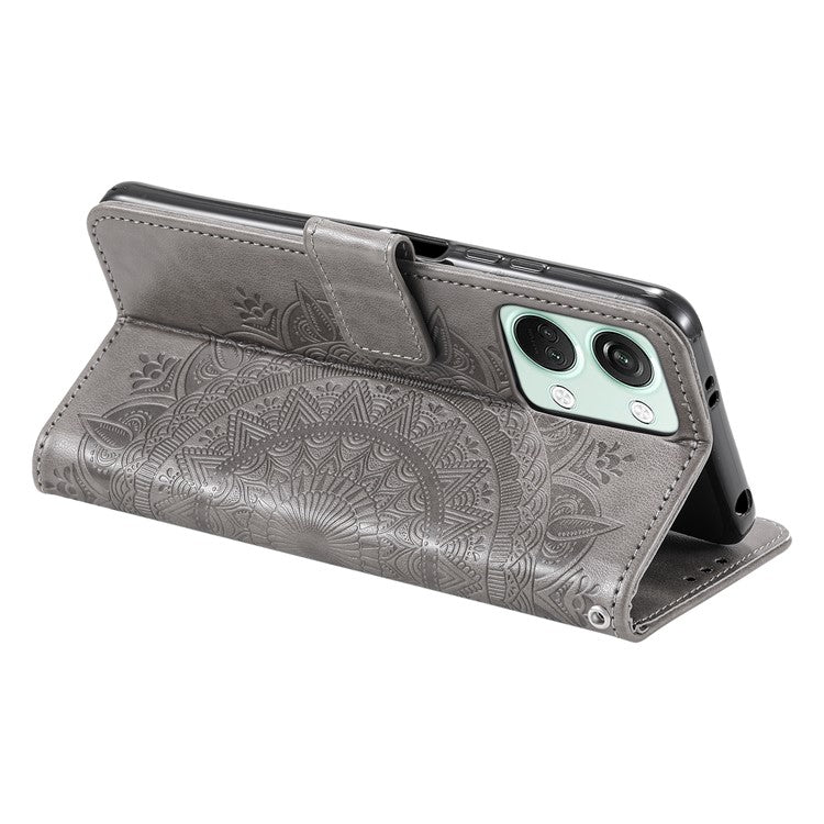 For OnePlus Nord 3 5G / Ace 2V Leather Wallet Cover Mandala Flower Imprinted Stand Case with Strap - Grey