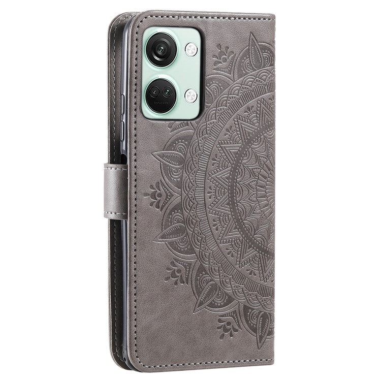 For OnePlus Nord 3 5G / Ace 2V Leather Wallet Cover Mandala Flower Imprinted Stand Case with Strap - Grey