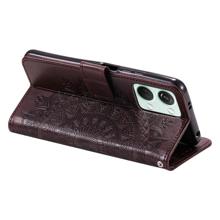 For OnePlus Nord 3 5G / Ace 2V Leather Wallet Cover Mandala Flower Imprinted Stand Case with Strap - Brown