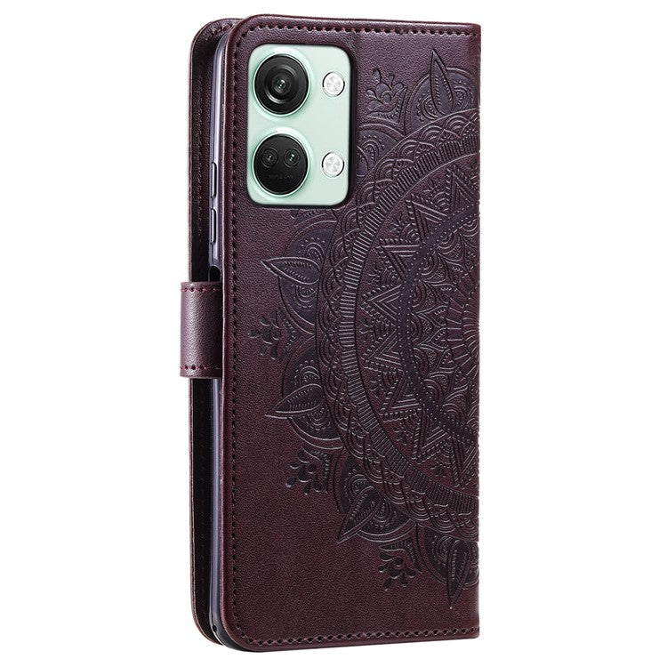 For OnePlus Nord 3 5G / Ace 2V Leather Wallet Cover Mandala Flower Imprinted Stand Case with Strap - Brown