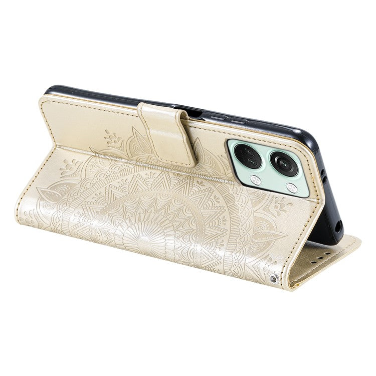 For OnePlus Nord 3 5G / Ace 2V Leather Wallet Cover Mandala Flower Imprinted Stand Case with Strap - Gold