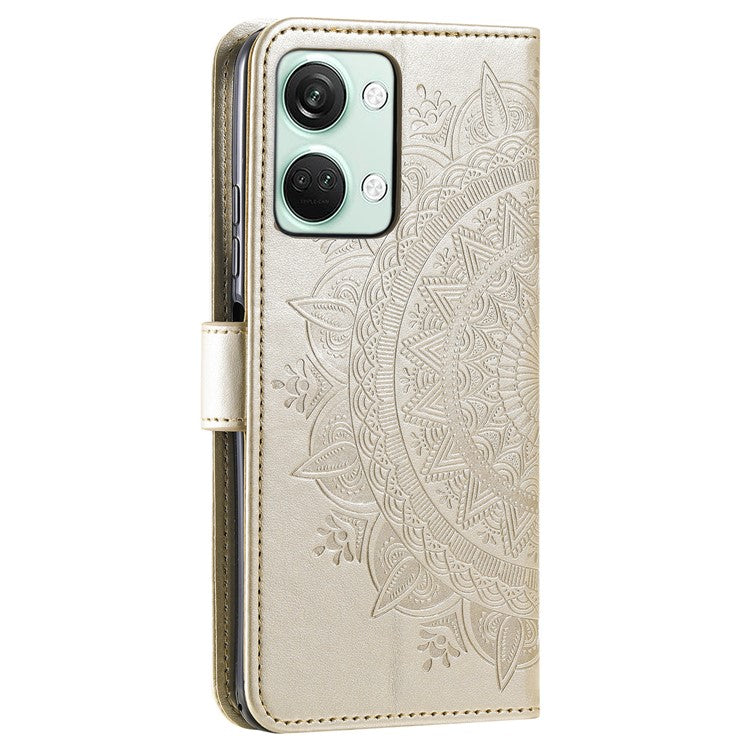 For OnePlus Nord 3 5G / Ace 2V Leather Wallet Cover Mandala Flower Imprinted Stand Case with Strap - Gold