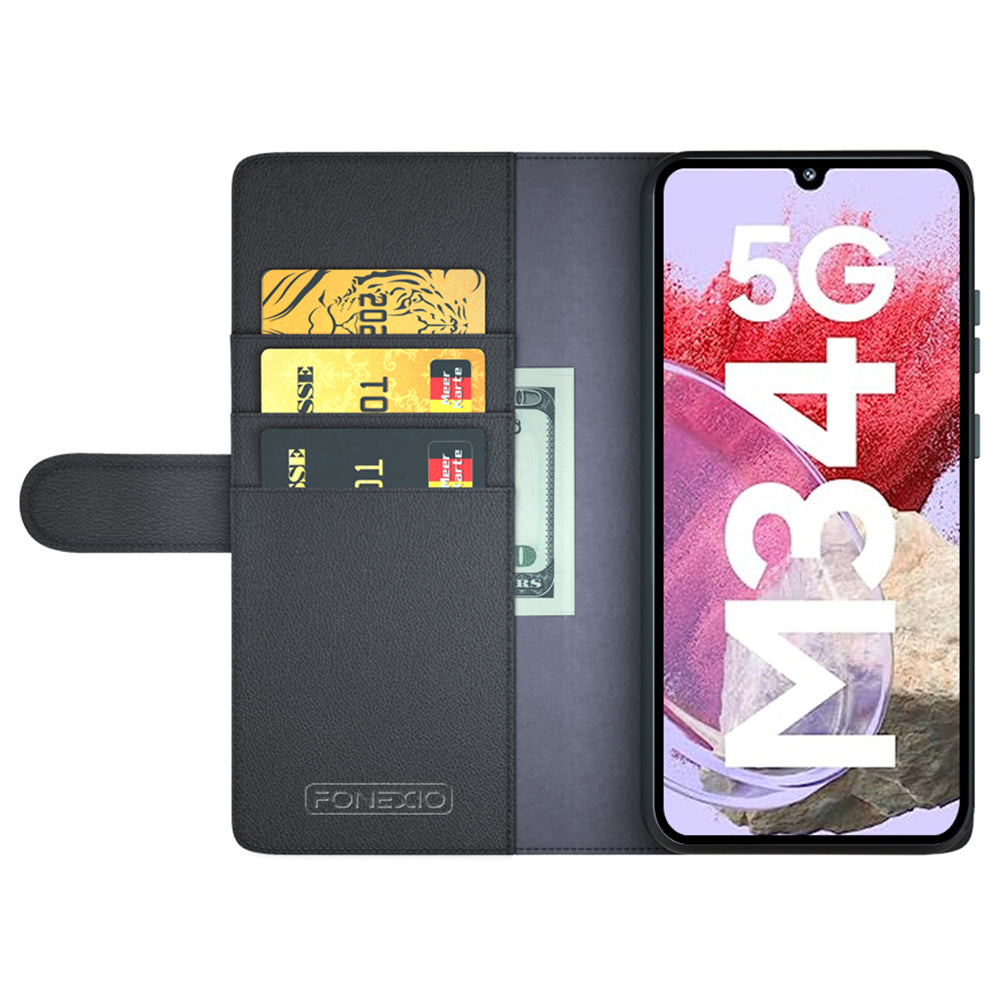 For Samsung Galaxy F34 5G / M34 5G Genuine Split Leather Cover Wallet Stand Shell Shockproof Phone Case - Black