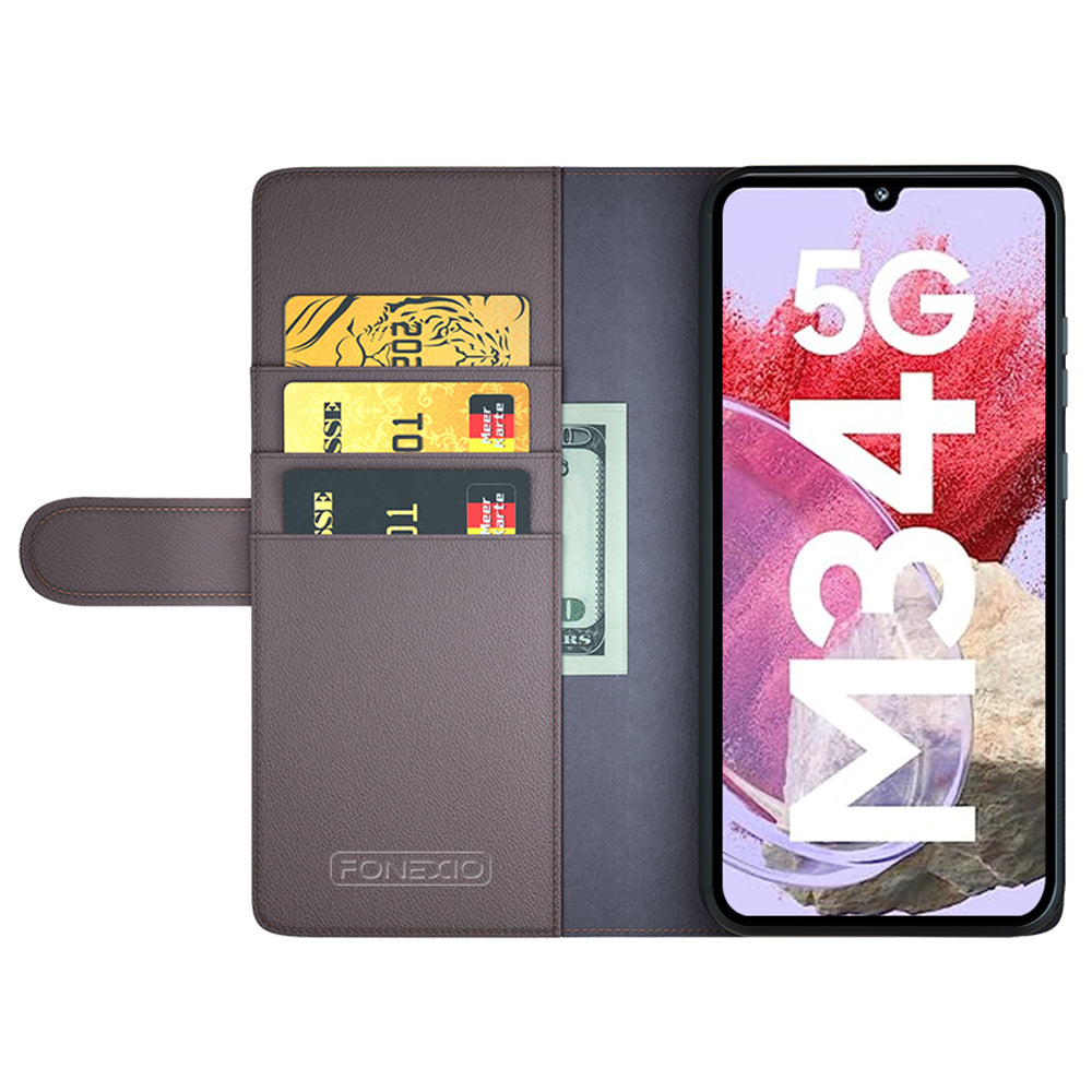 For Samsung Galaxy F34 5G / M34 5G Genuine Split Leather Cover Wallet Stand Shell Shockproof Phone Case - Brown