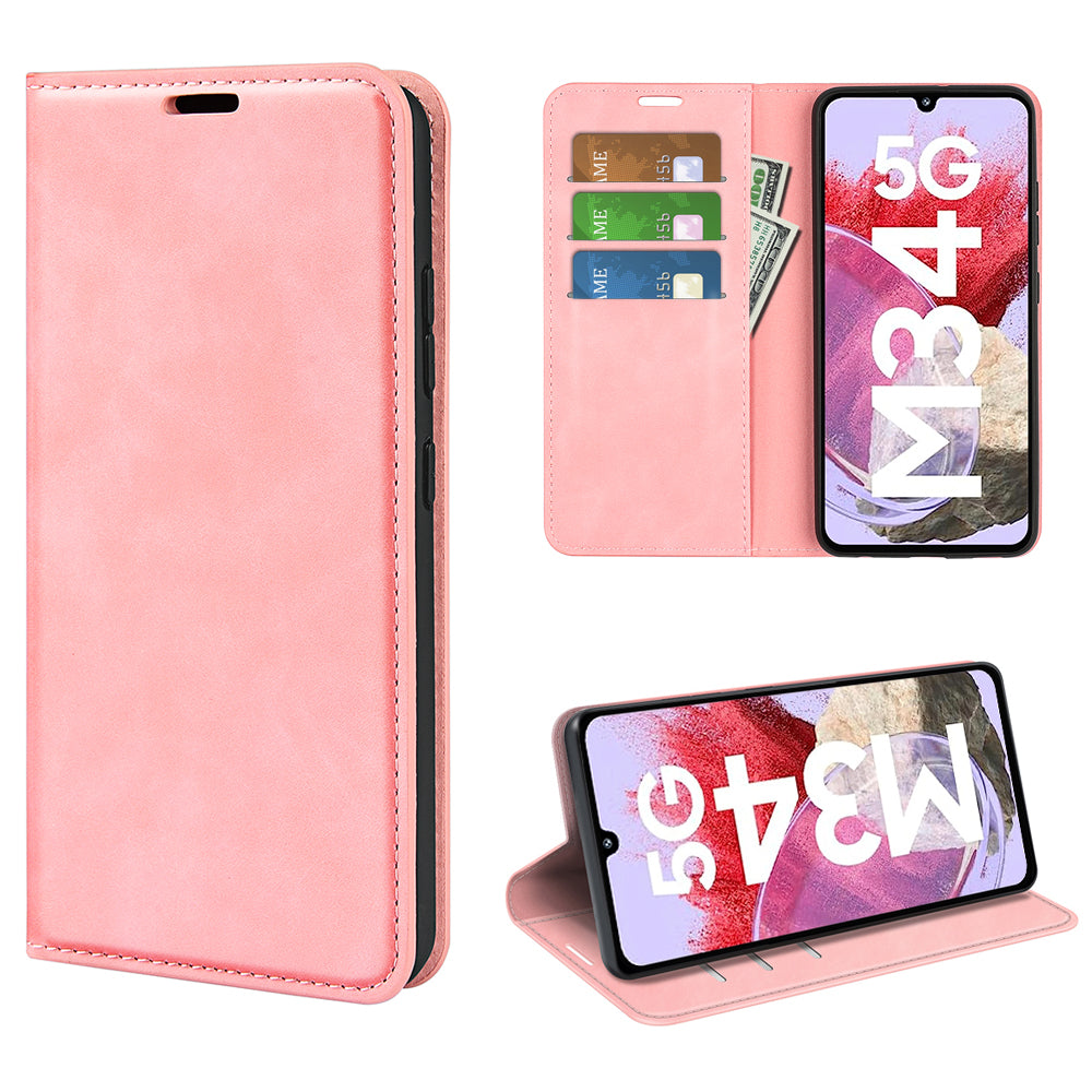 For Samsung Galaxy F34 5G / M34 5G Anti-Scratch Skin-touch Wallet PU Leather Phone Case Stand Mobile Phone Cover - Pink