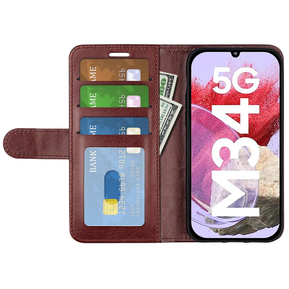 For Samsung Galaxy F34 5G / M34 5G Anti-Scratch PU Leather Cell Phone Cover Stand Crazy Horse Texture Wallet Case - Brown