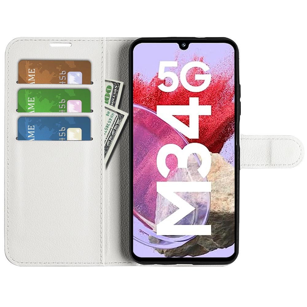 For Samsung Galaxy F34 5G / M34 5G Phone Case Anti-Scratch Stand PU Leather Wallet Litchi Texture Protective Cover - White