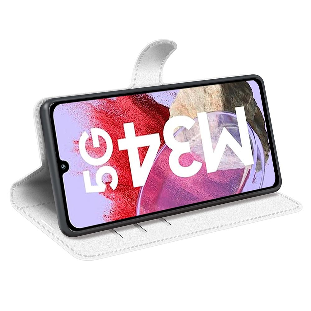For Samsung Galaxy F34 5G / M34 5G Phone Case Anti-Scratch Stand PU Leather Wallet Litchi Texture Protective Cover - White