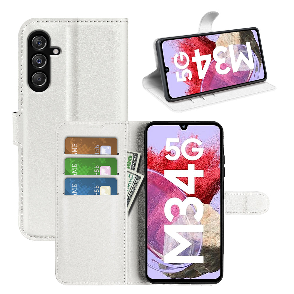 For Samsung Galaxy F34 5G / M34 5G Phone Case Anti-Scratch Stand PU Leather Wallet Litchi Texture Protective Cover - White