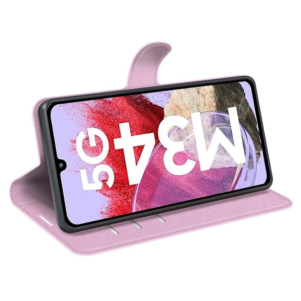 For Samsung Galaxy F34 5G / M34 5G Phone Case Anti-Scratch Stand PU Leather Wallet Litchi Texture Protective Cover - Pink