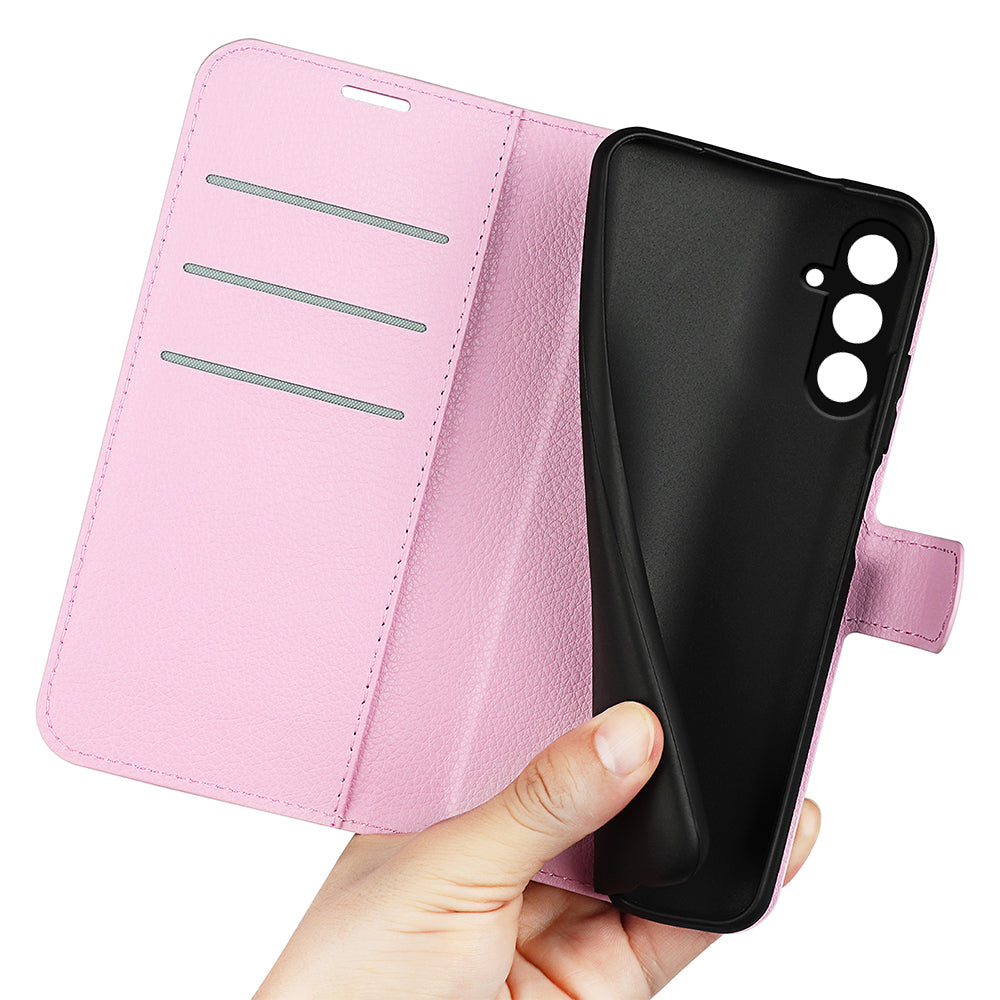 For Samsung Galaxy F34 5G / M34 5G Phone Case Anti-Scratch Stand PU Leather Wallet Litchi Texture Protective Cover - Pink