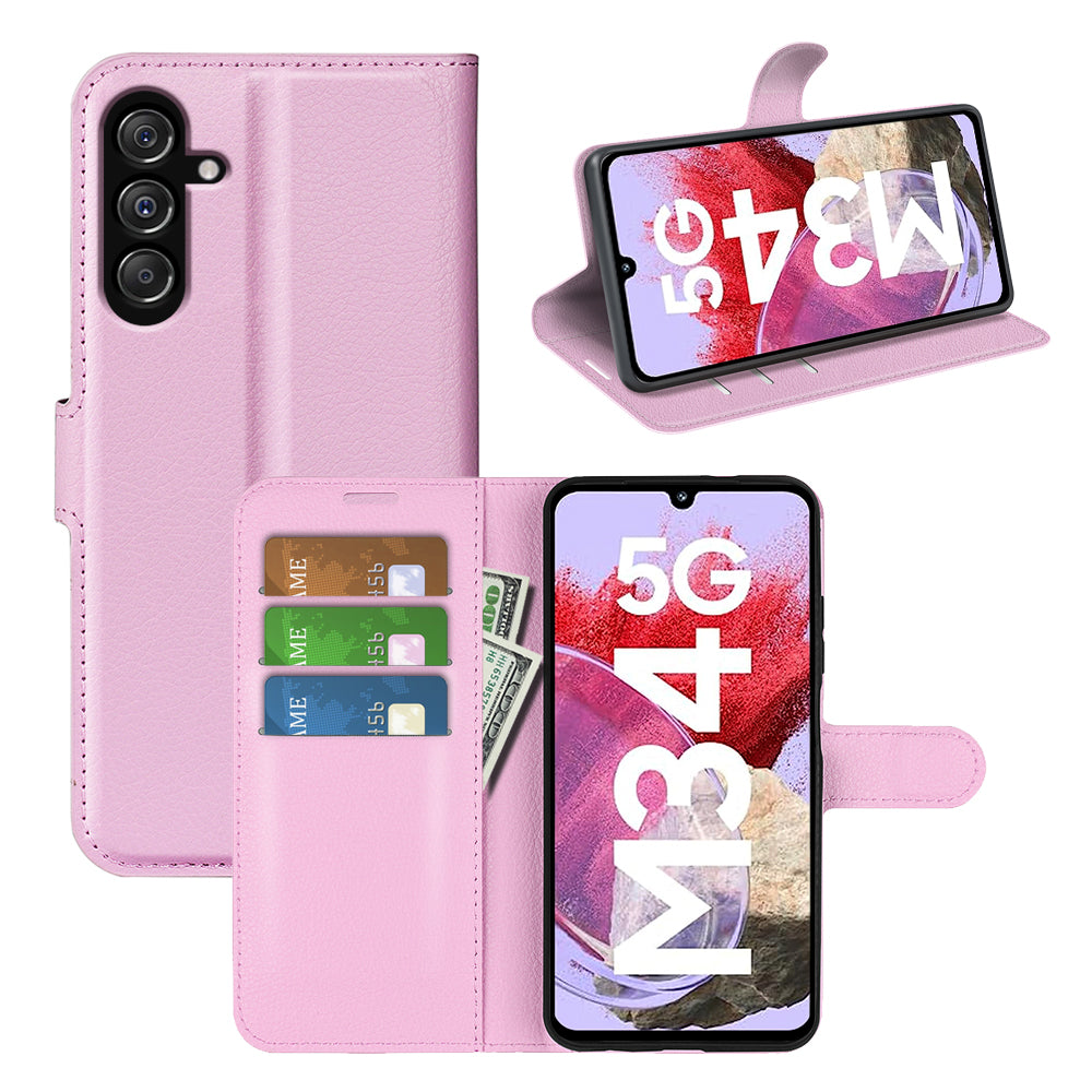 For Samsung Galaxy F34 5G / M34 5G Phone Case Anti-Scratch Stand PU Leather Wallet Litchi Texture Protective Cover - Pink