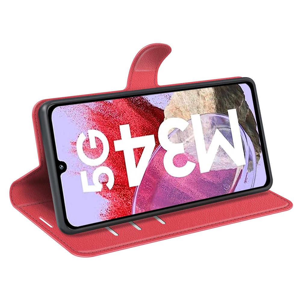 For Samsung Galaxy F34 5G / M34 5G Phone Case Anti-Scratch Stand PU Leather Wallet Litchi Texture Protective Cover - Red