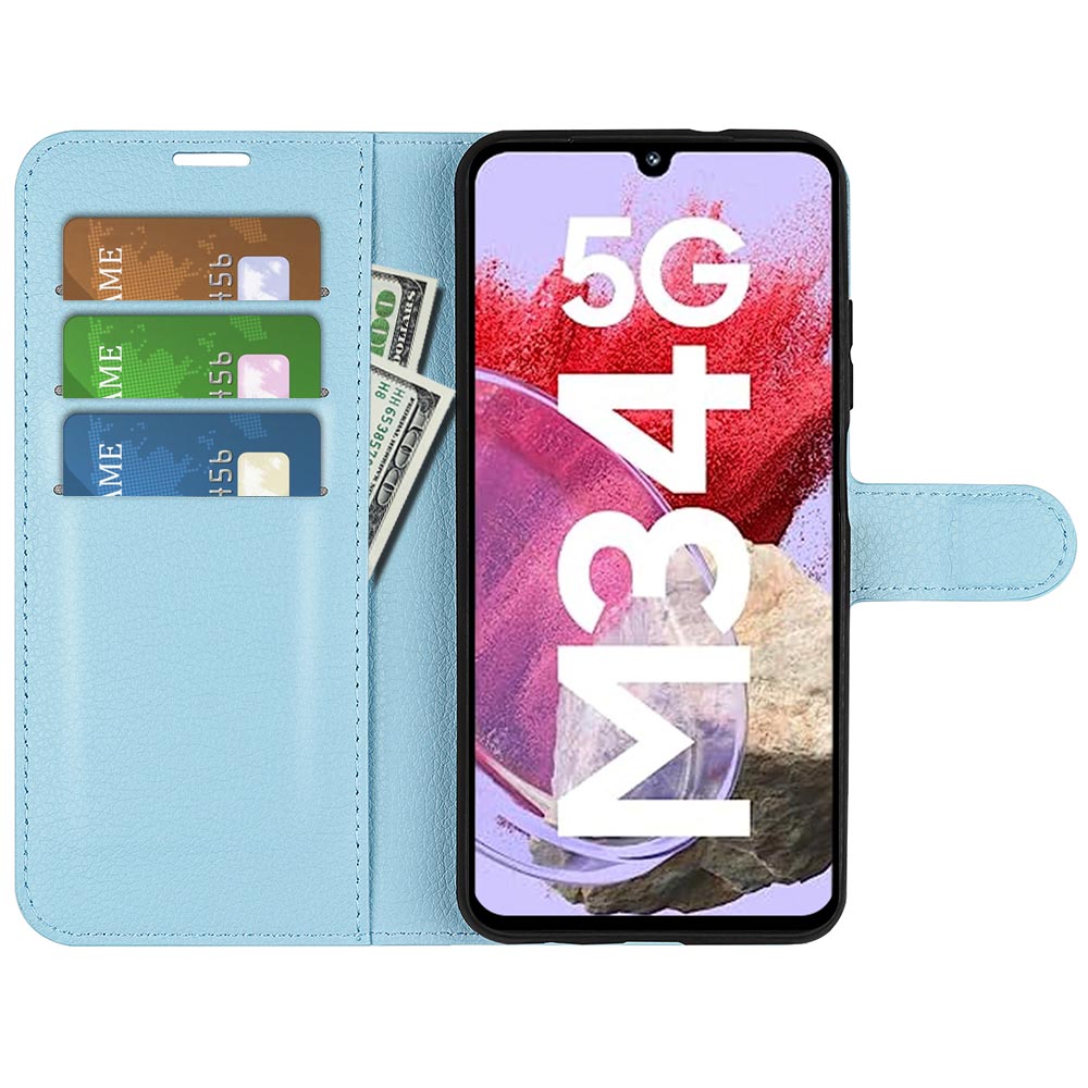 For Samsung Galaxy F34 5G / M34 5G Phone Case Anti-Scratch Stand PU Leather Wallet Litchi Texture Protective Cover - Blue